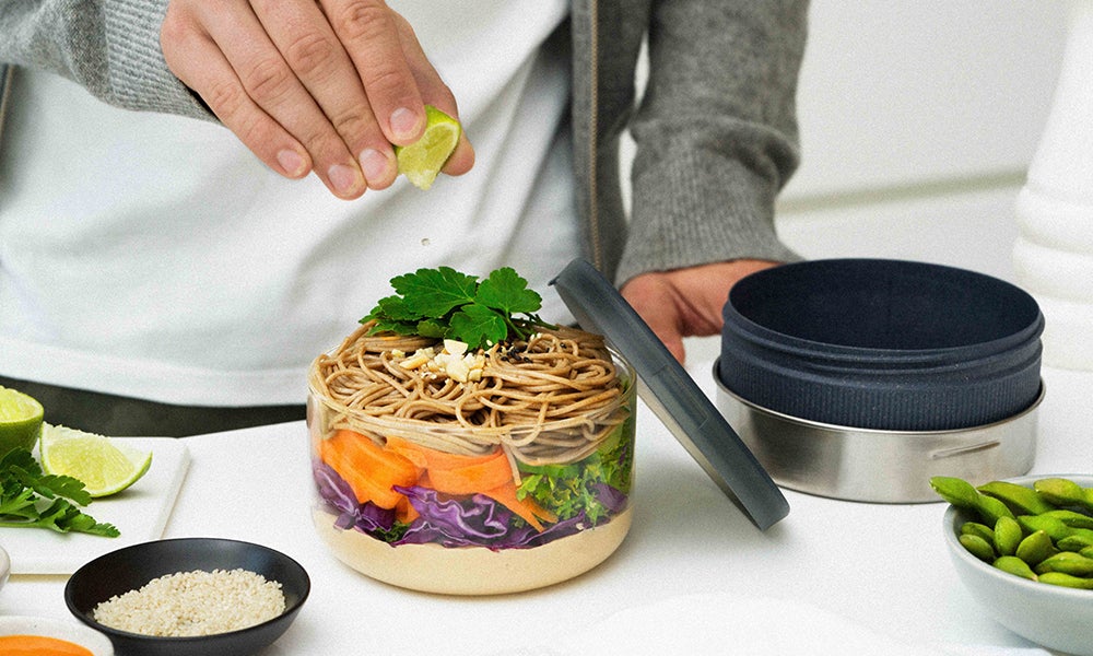peak blends meal prep bowl filled with healthy prepped noodles